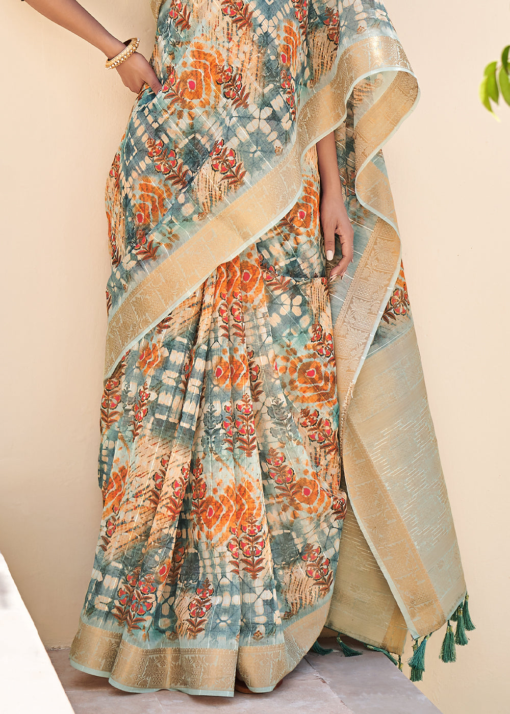 Buy MySilkLove Stack Blue Digital Print Linen Saree Online