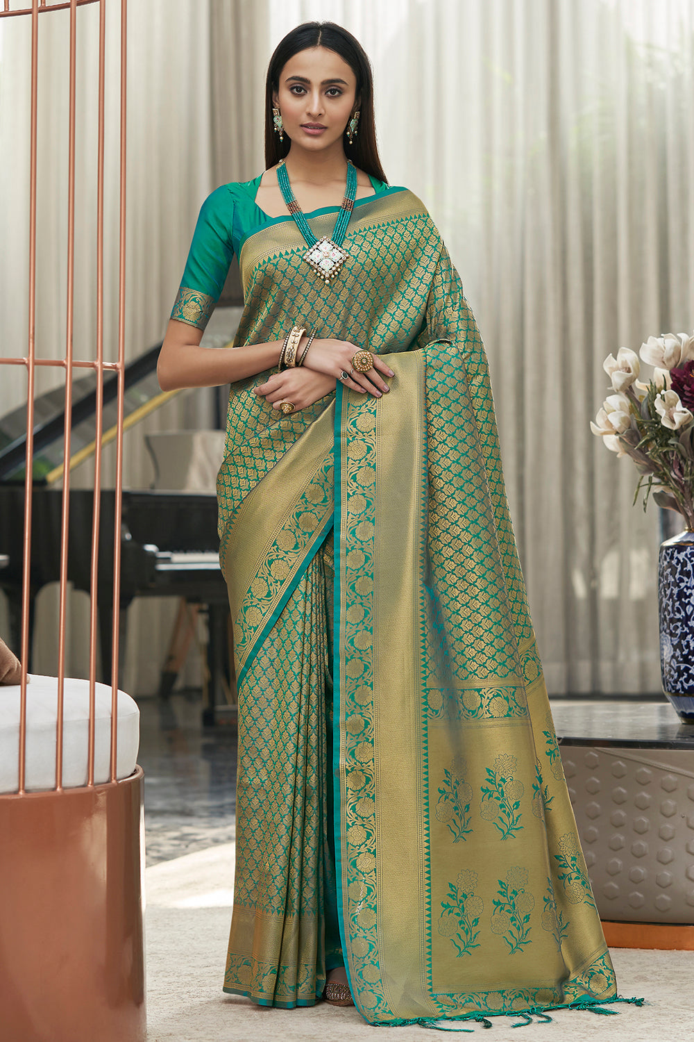 Buy MySilkLove Viridian Green Soft Kanjivaram Silk Saree Online