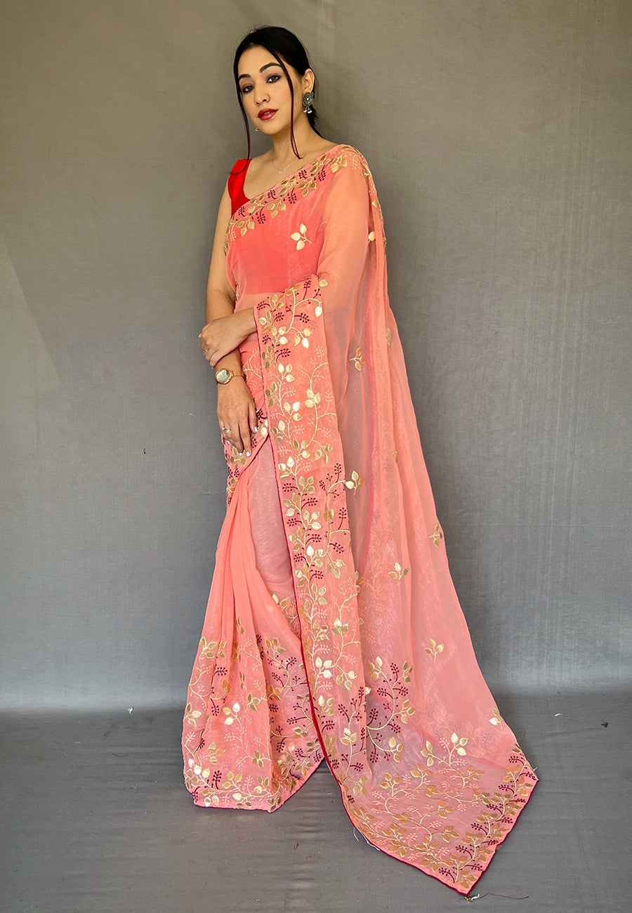 Buy MySilkLove Froly Peach Embroidered Organza Silk Saree Online