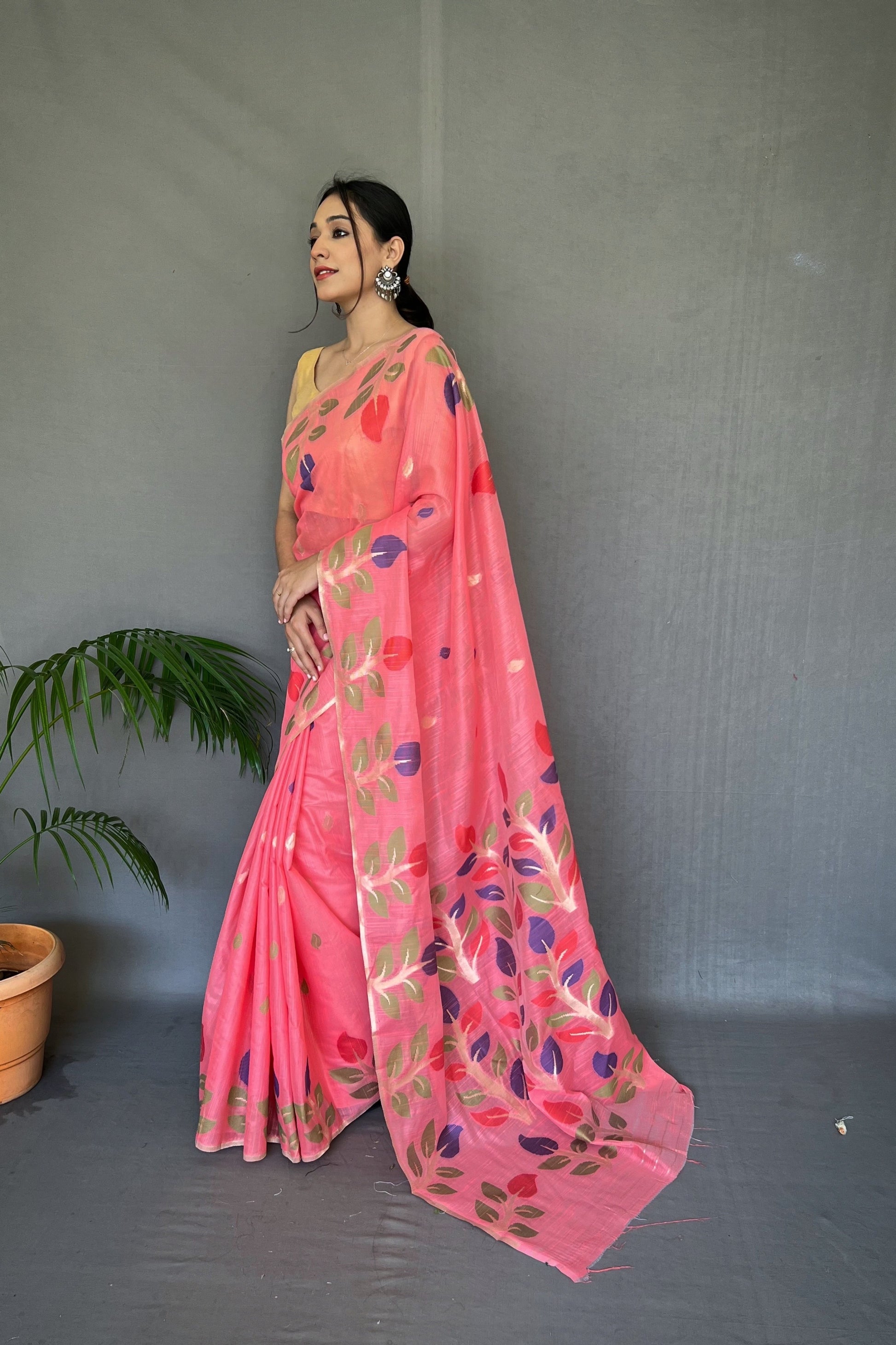 Buy MySilkLove Tickle Me Pink Woven Cotton Jamdani Silk Saree Online