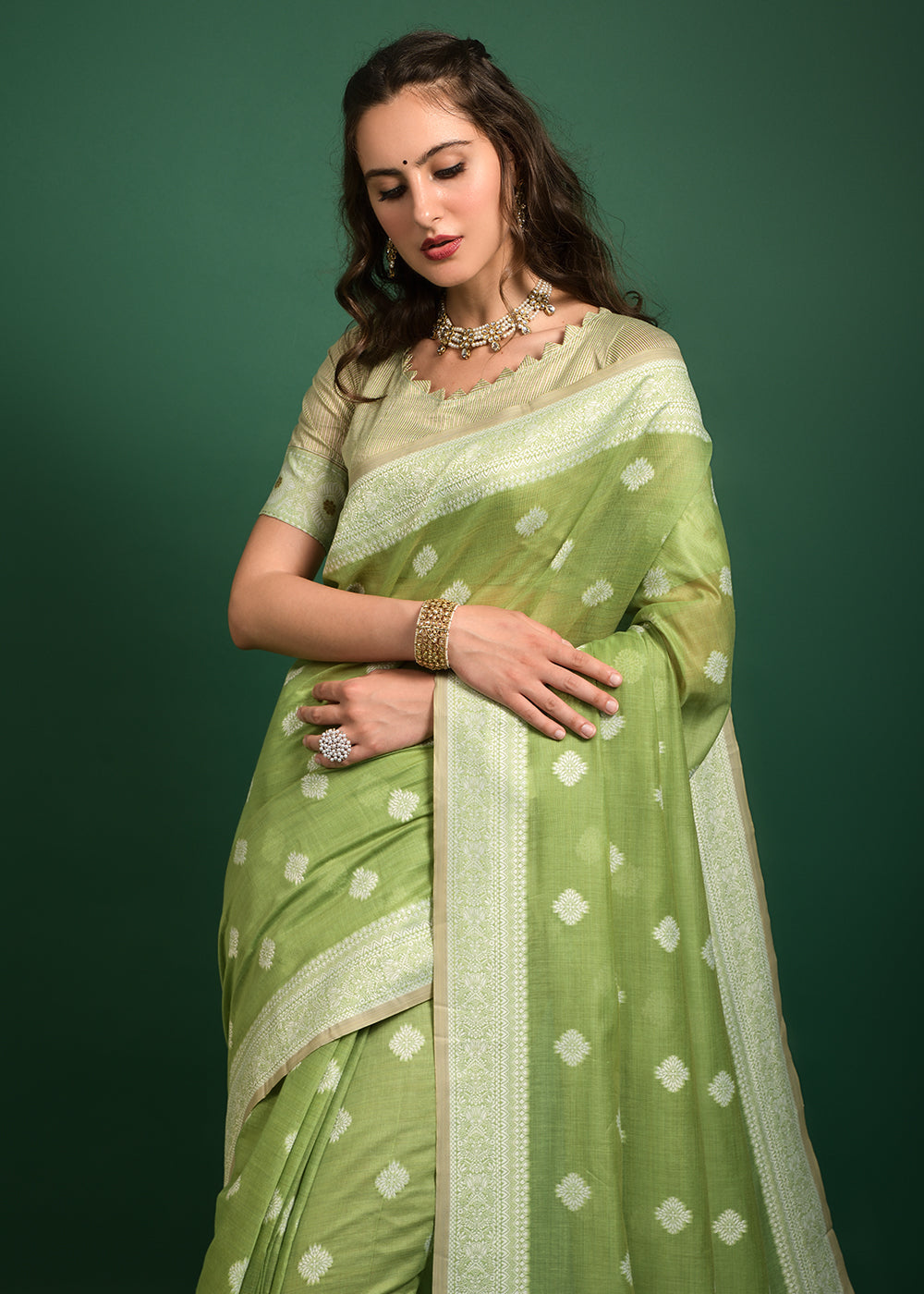 Buy MySilkLove Wild Green Chikankari Chanderi Cotton Woven Saree Online