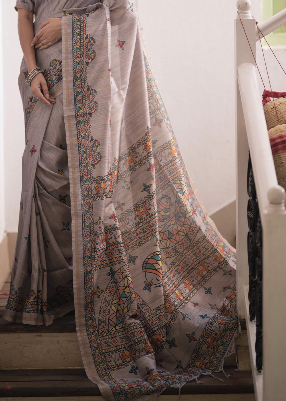 Buy MySilkLove Sisal Grey Kalamkari Printed Silk Saree Online