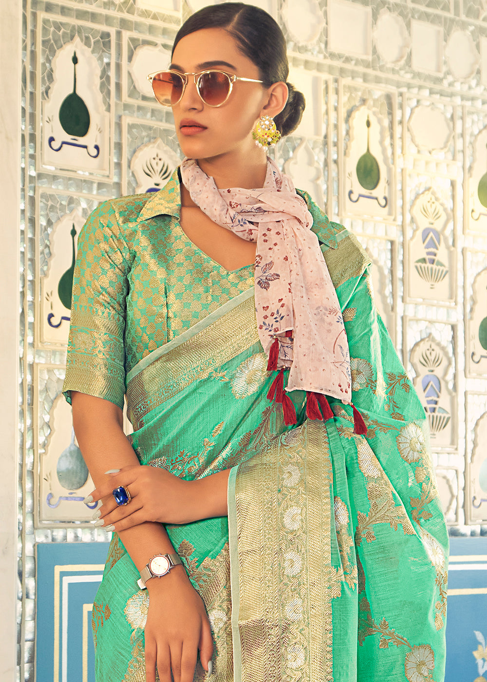 Buy MySilkLove Ocean Green Zari Woven Linen Silk Saree Online