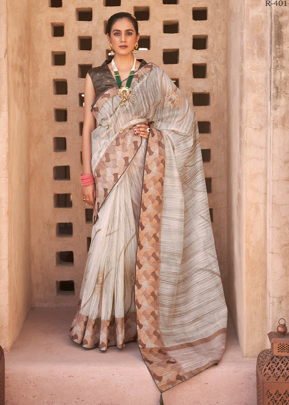 Buy MySilkLove Bone Brown Printed Kora Silk Saree Online