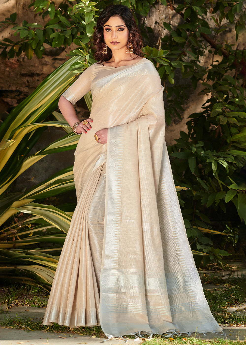 Buy MySilkLove Dairy Cream Zari Woven Tissue Linen Saree Online