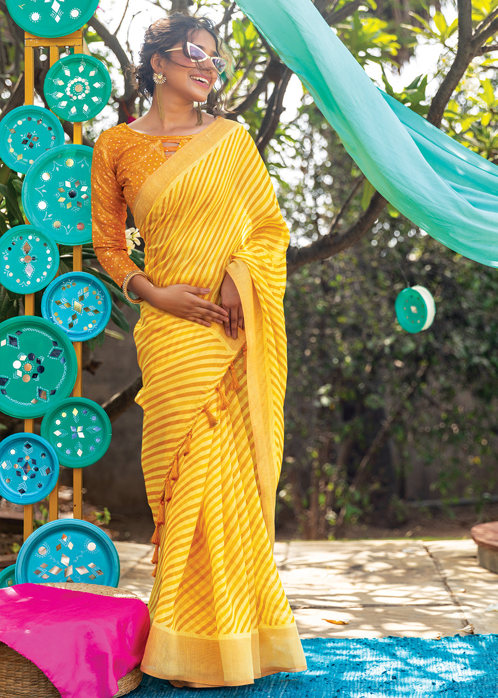 Buy MySilkLove Saffron Yellow Cotton Saree With Leheriya Print Online