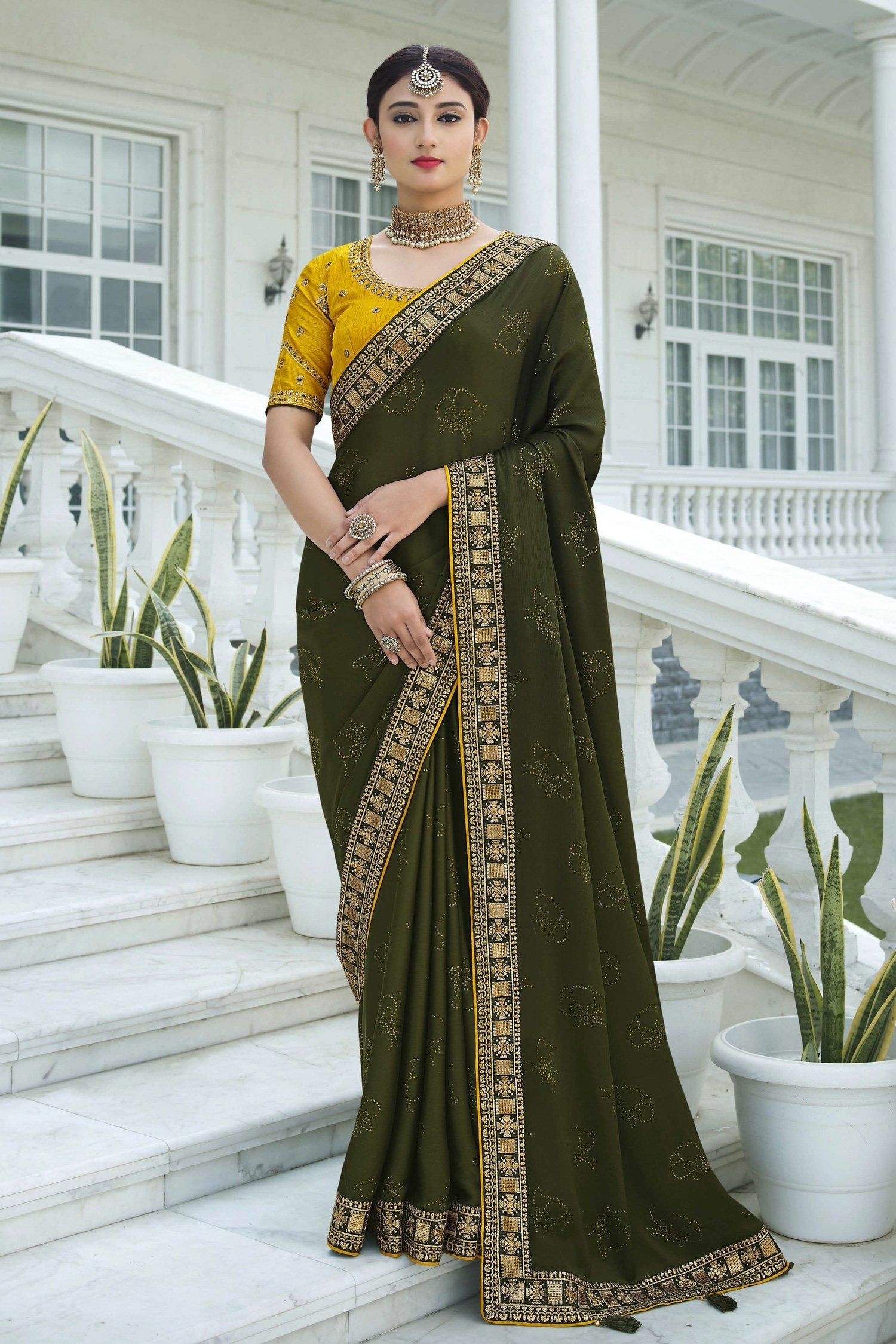 Buy MySilkLove Birch Green and Yellow Chiffon Stone Work Saree Online