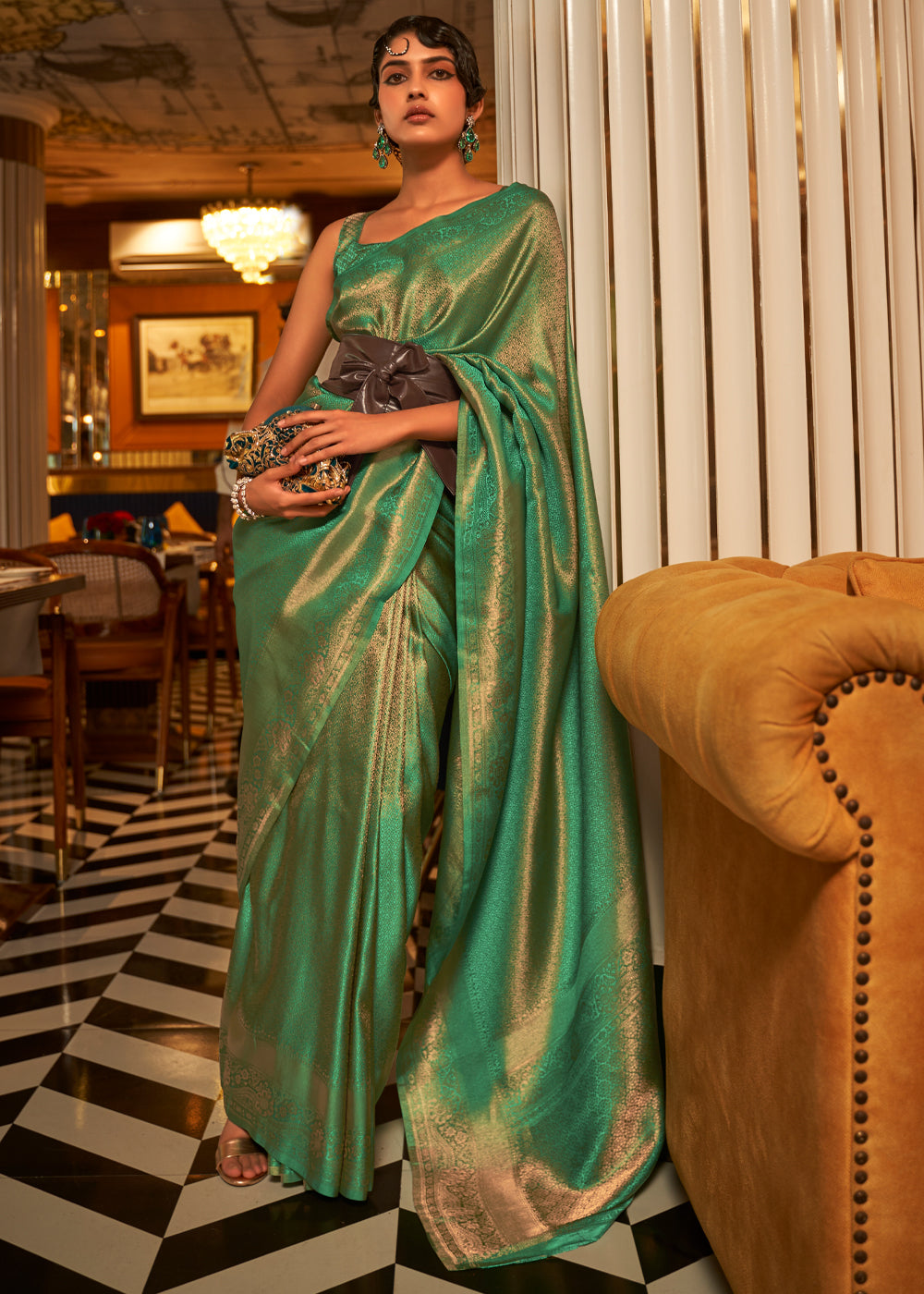 Buy MySilkLove Aqua Forest Green kanjivaram Silk Saree Online