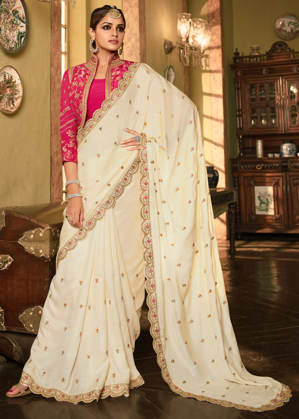 Buy MySilkLove Hampton White Designer Embroidered Silk Saree Online