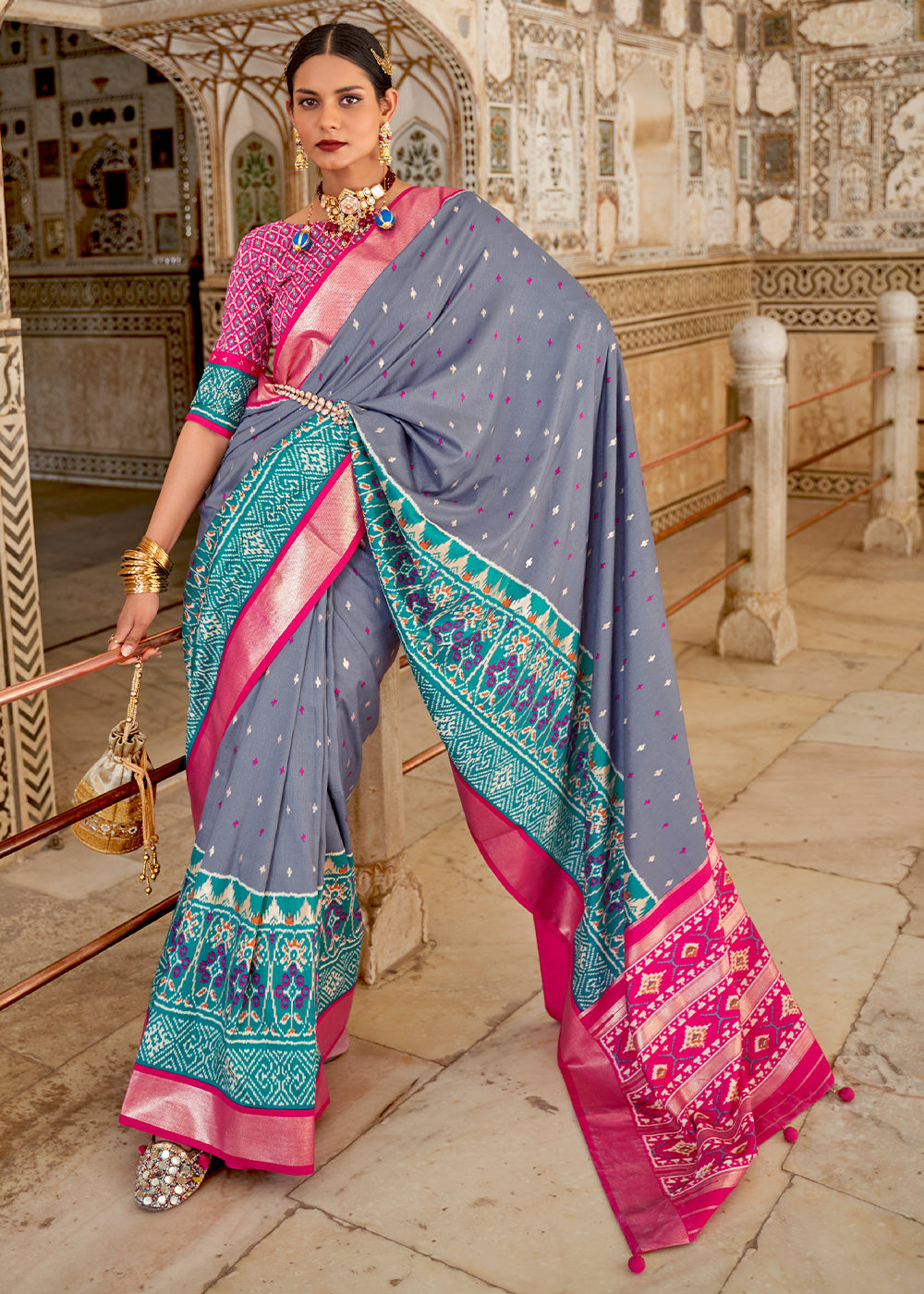 Buy MySilkLove Waterloo Blue and Pink Cotton Patola Printed Saree Online