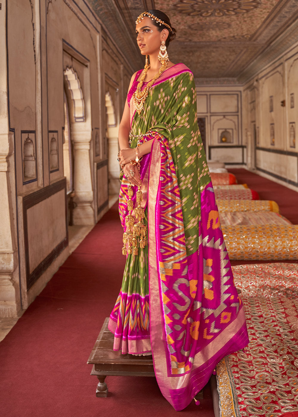 Buy MySilkLove Green Leaf and Pink Printed Patola Silk Saree Online