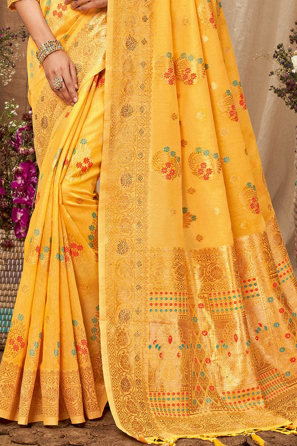 Buy MySilkLove Sunglow Yellow Cotton Saree Online