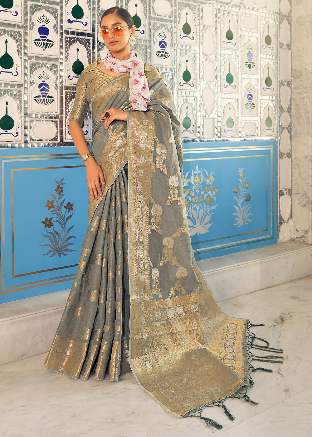 Buy MySilkLove Olive Haze Grey Zari Woven Linen Silk Saree Online