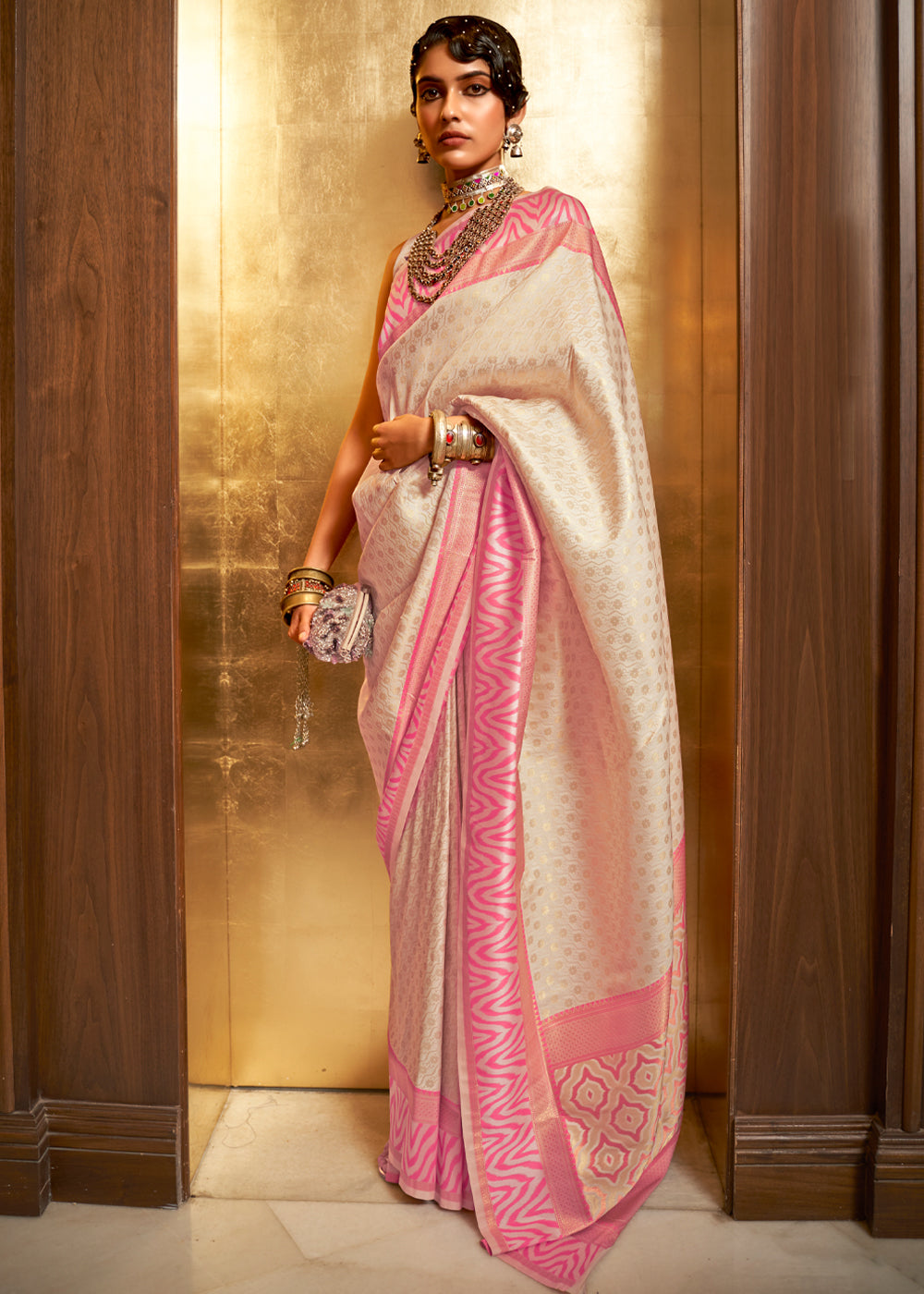 Buy MySilkLove Parchment White and Pink Woven Banarasi silk saree Online