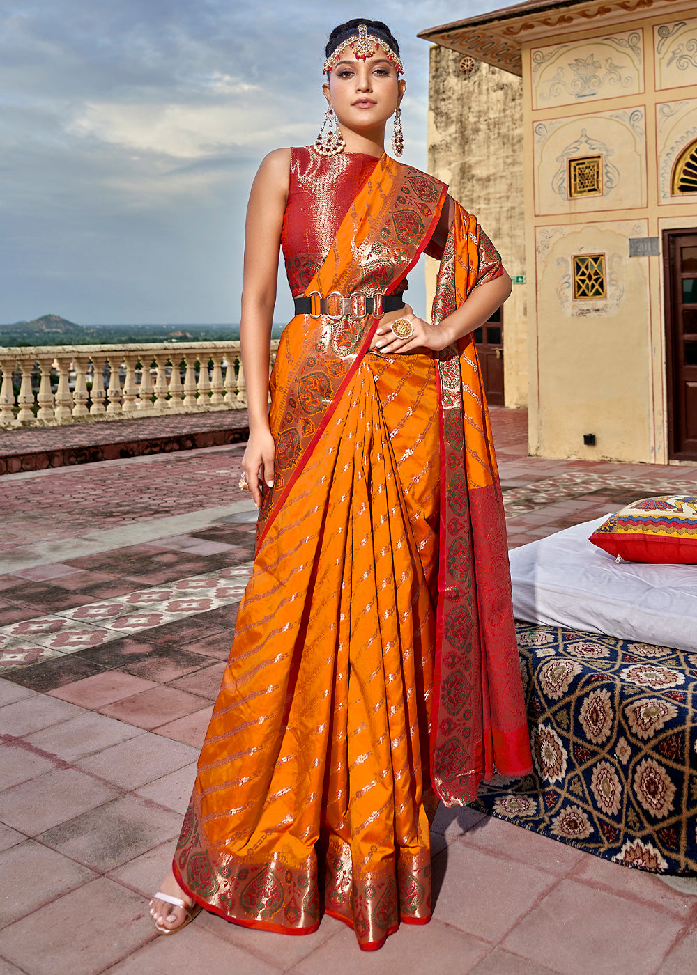 Buy MySilkLove Tan Hide Orange and Red Woven Soft Silk Saree Online