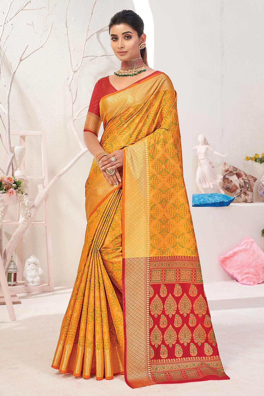 Buy MySilkLove Mustard Yellow and Red Zari Woven Patola Saree Online