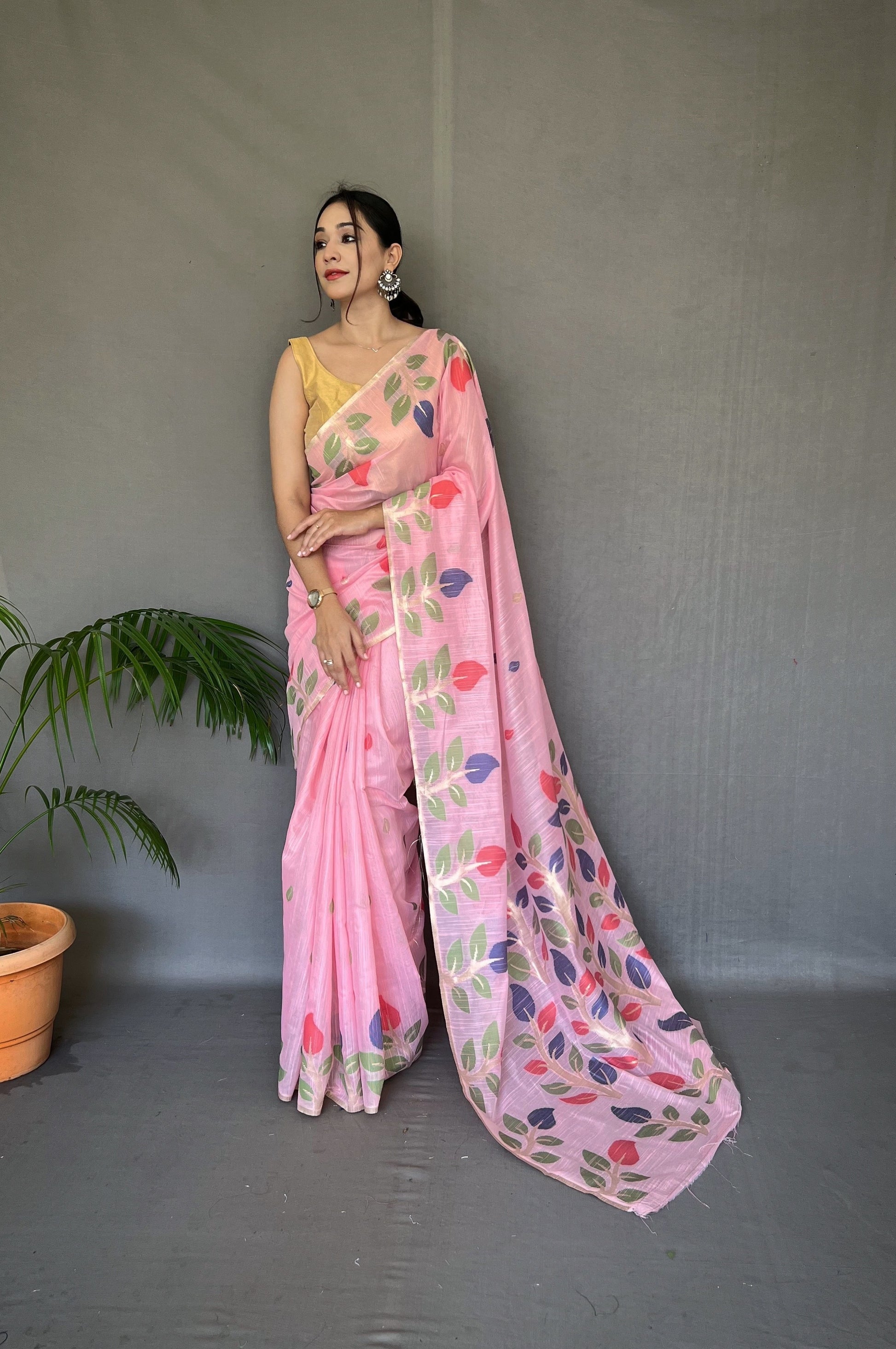 Buy MySilkLove Pastel Pink Woven Cotton Jamdani Silk Saree Online