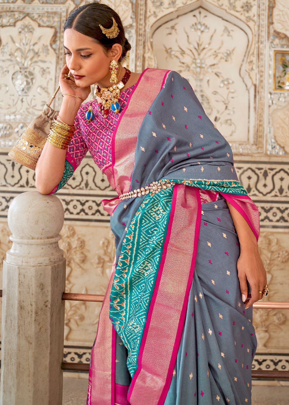 Buy MySilkLove Waterloo Blue and Pink Cotton Patola Printed Saree Online