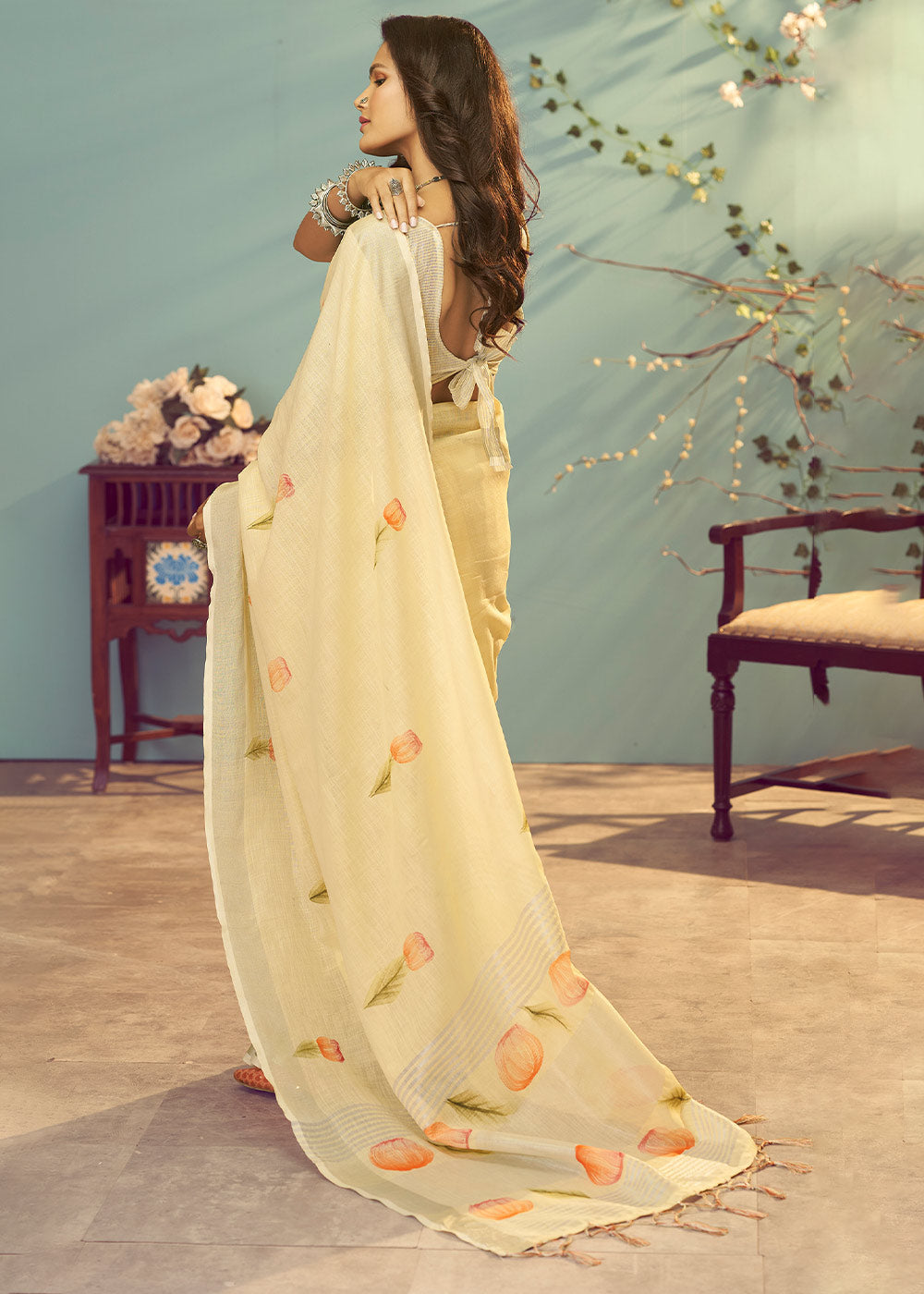 Buy MySilkLove Primrose Yellow Soft Linen Silk Floral Printed Saree Online