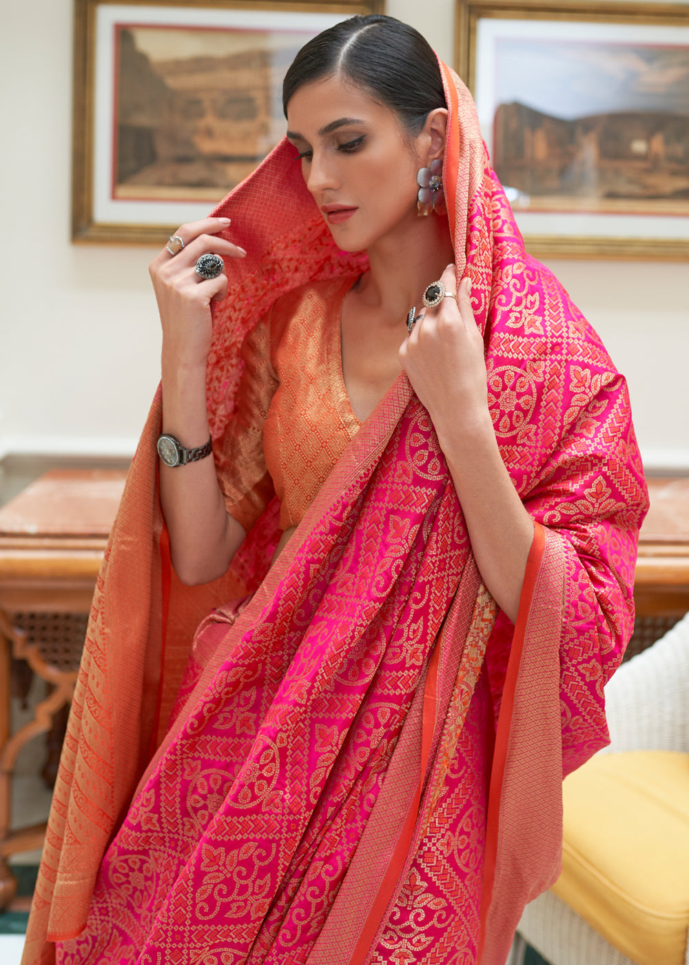 Buy MySilkLove Mahogany Pink Woven Patola Silk Saree Online