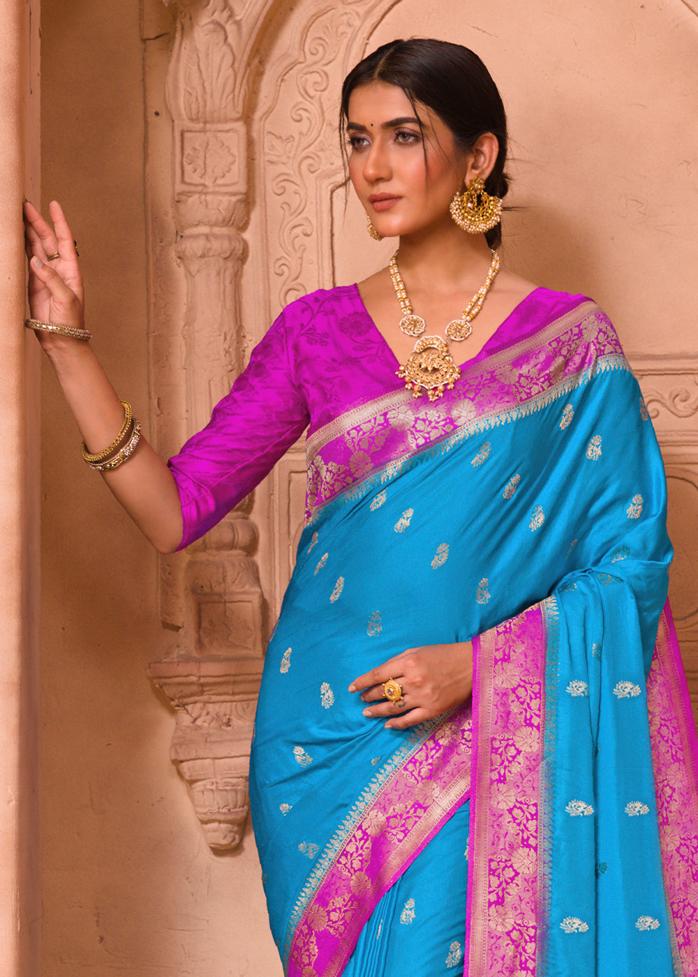 Buy MySilkLove Cerulean Blue and Purple Banarasi Satin Silk Saree Online