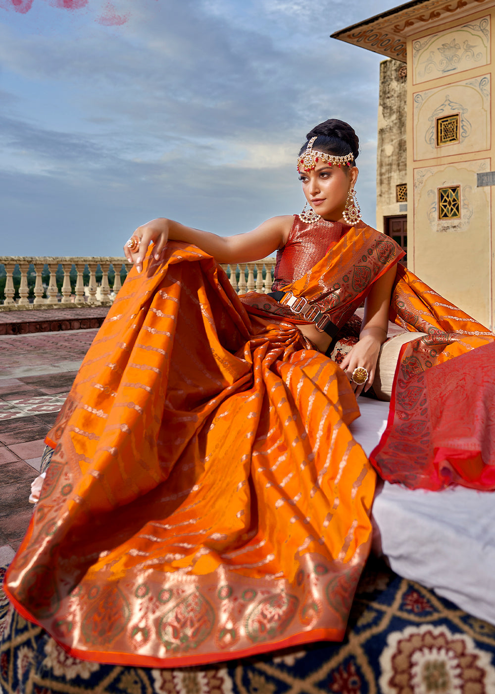 Buy MySilkLove Tan Hide Orange and Red Woven Soft Silk Saree Online