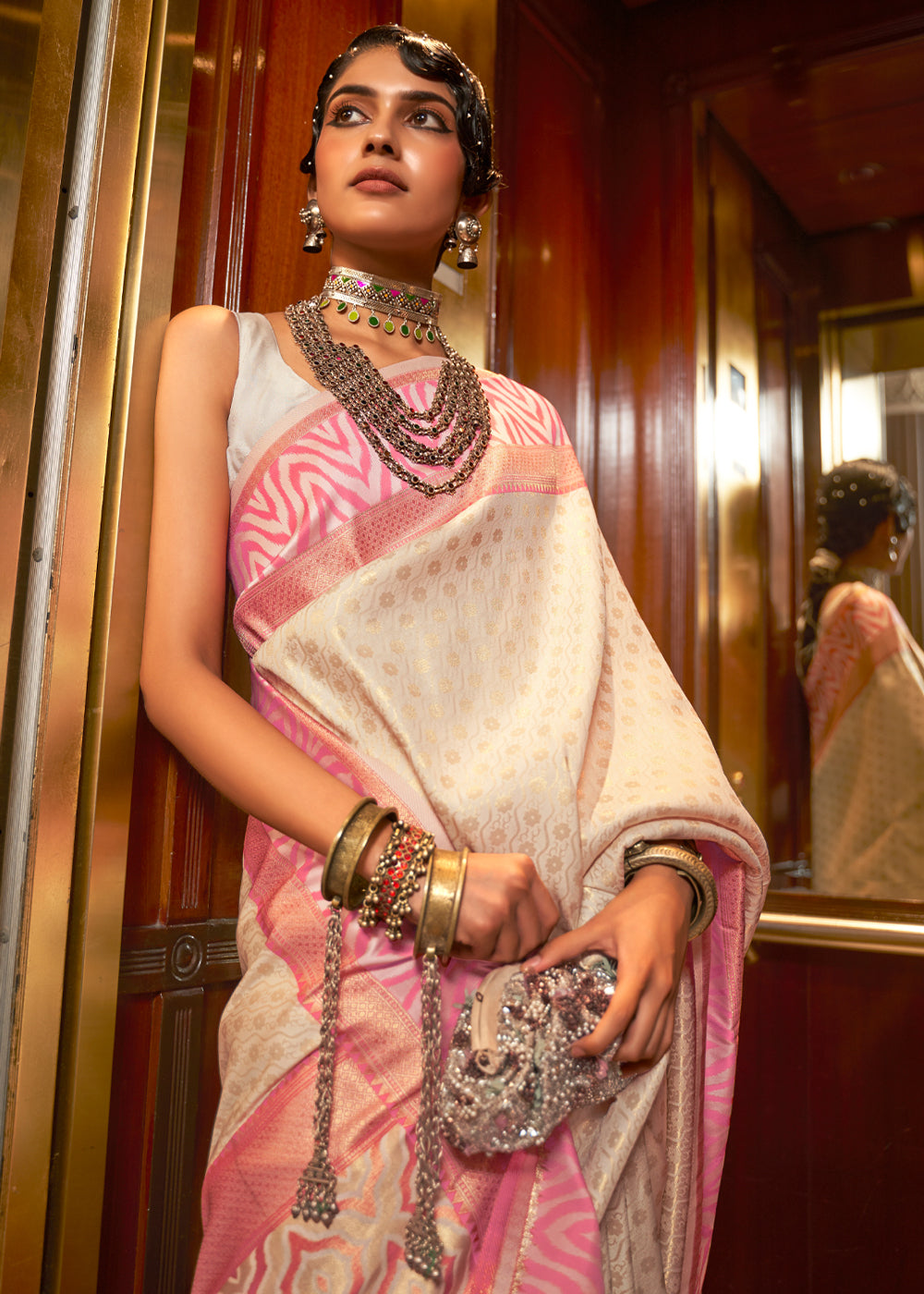 MySilkLove Parchment White and Pink Woven Banarasi silk saree