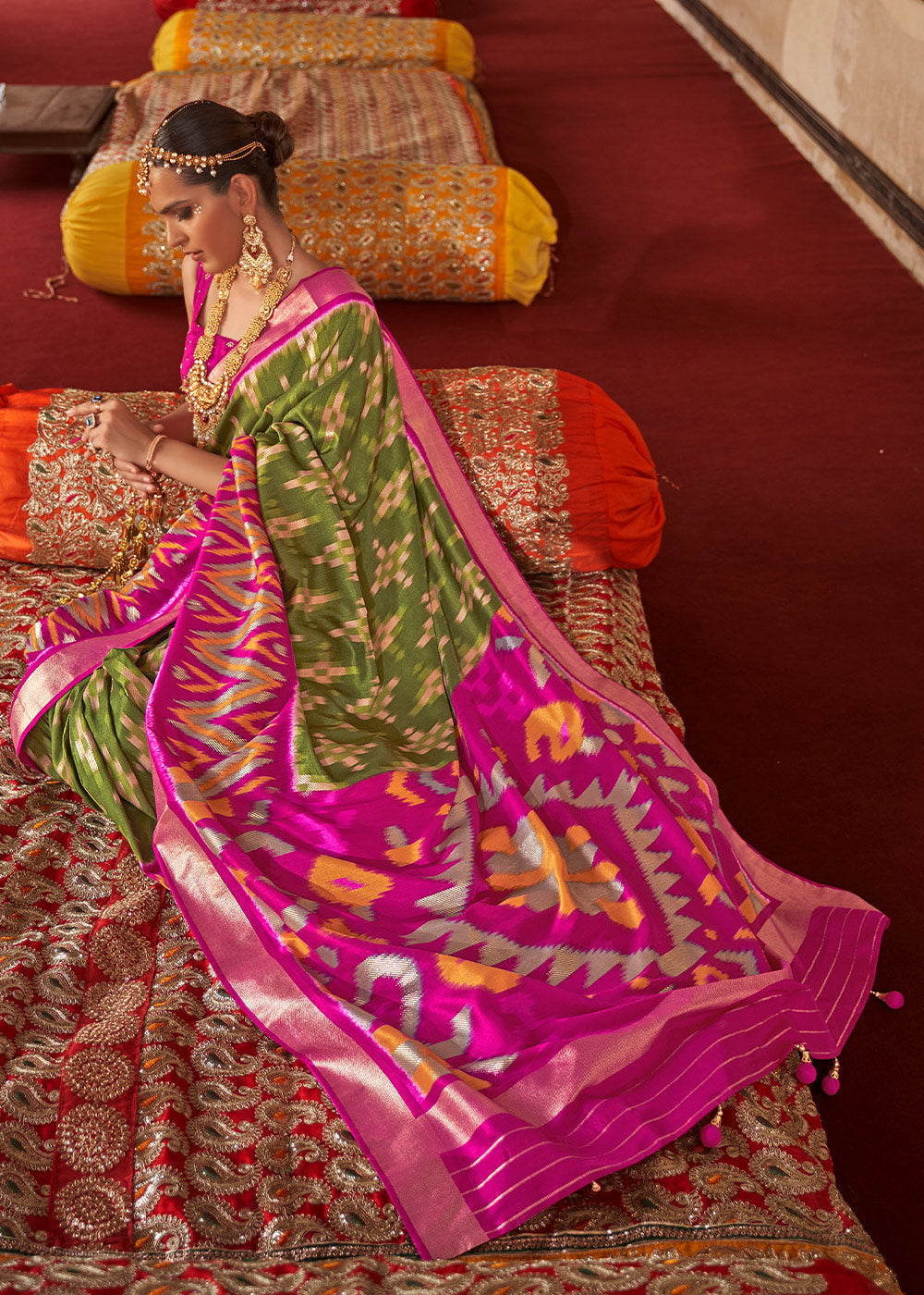 MySilkLove Green Leaf and Pink Printed Patola Silk Saree