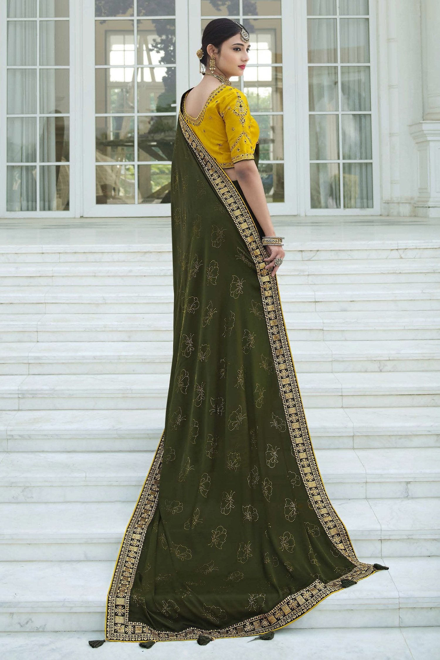 MySilkLove Birch Green and Yellow Chiffon Stone Work Saree