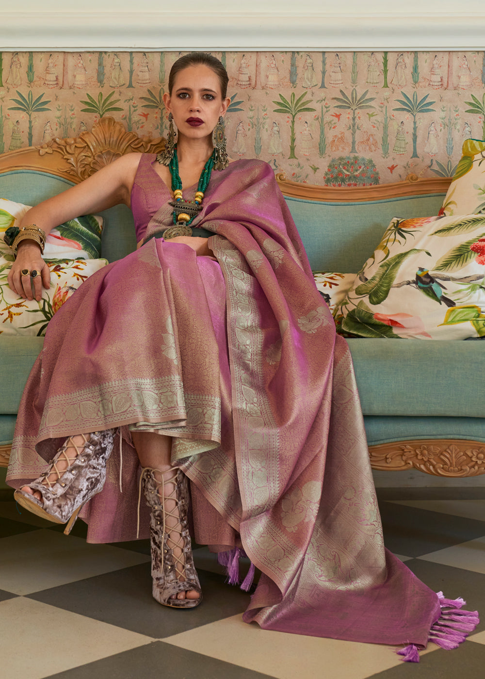 MySilkLove Old Rose Purple Woven Banarasi Satin Tissue Silk Saree