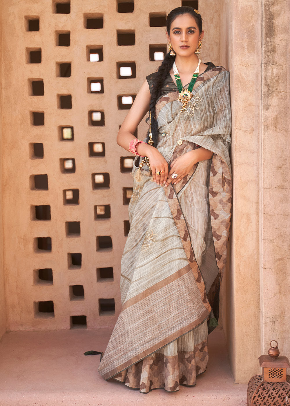 Buy MySilkLove Bone Brown Printed Kora Silk Saree Online