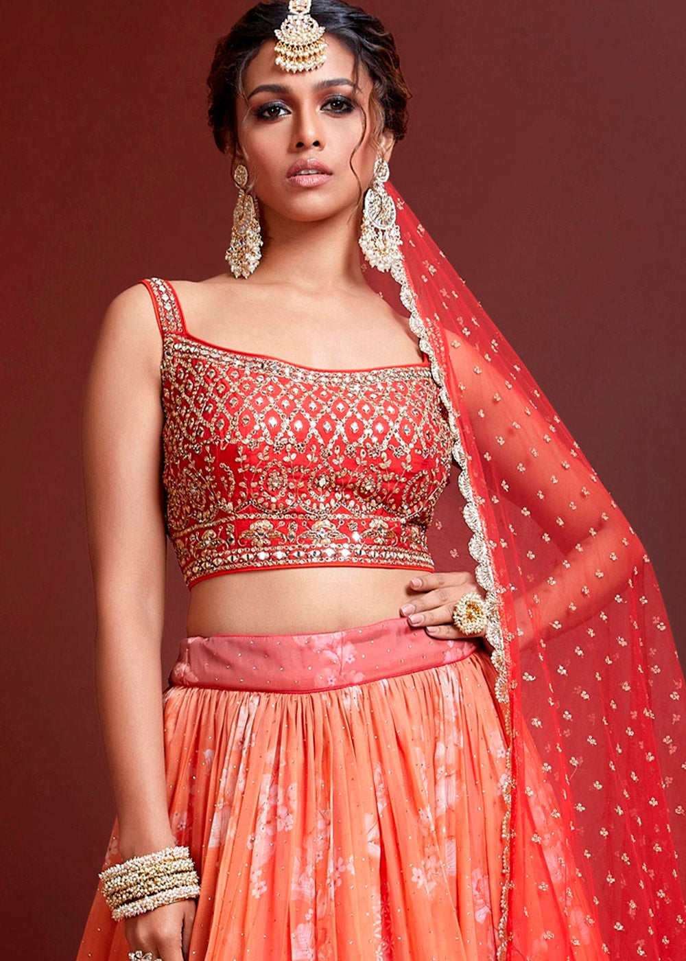 Buy MySilkLove Punch Red Printed Organza Silk Lehenga Choli Online