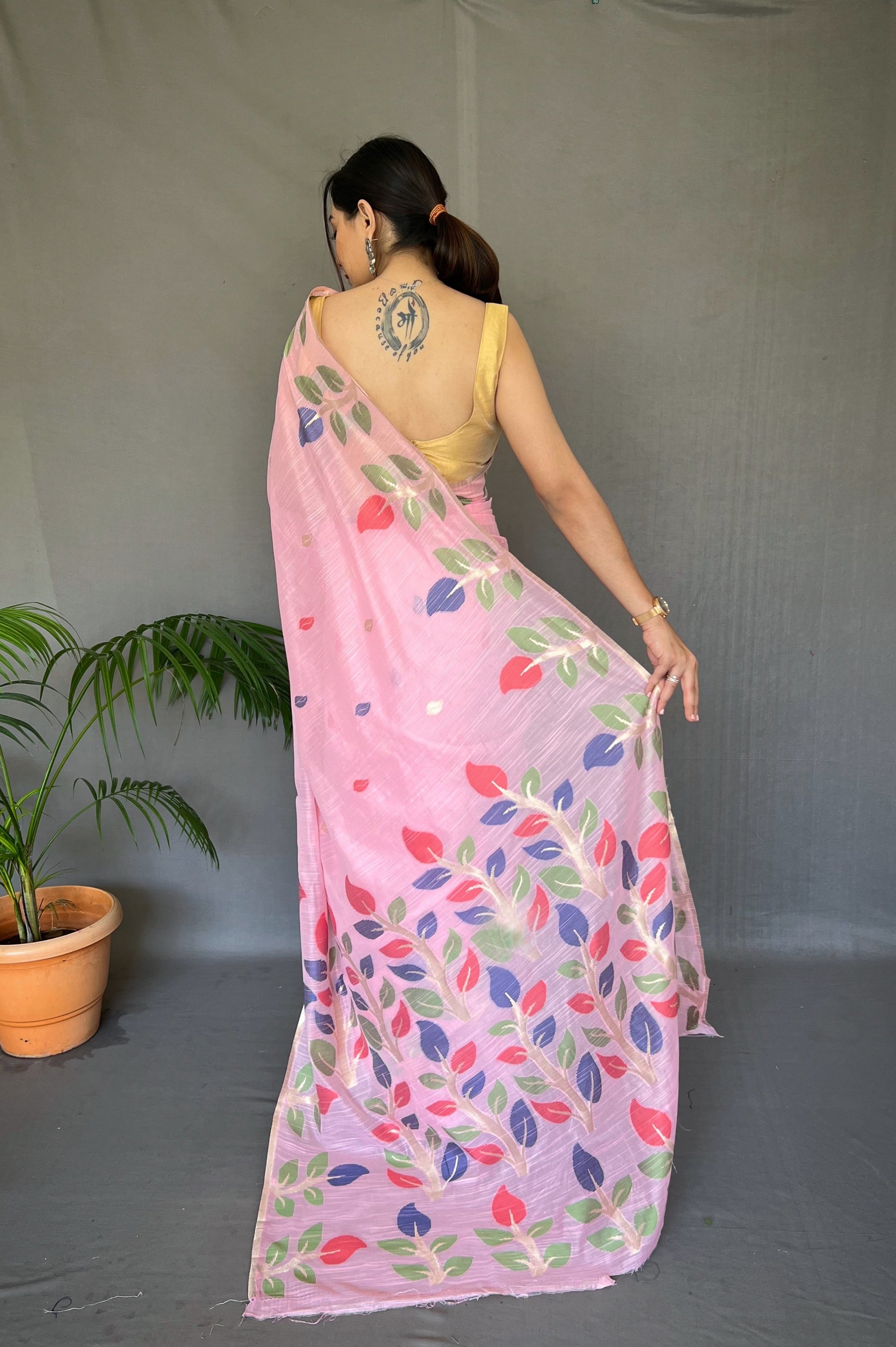 Buy MySilkLove Pastel Pink Woven Cotton Jamdani Silk Saree Online