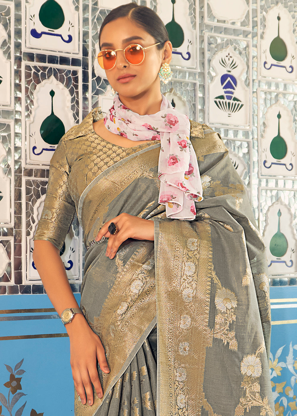 Buy MySilkLove Olive Haze Grey Zari Woven Linen Silk Saree Online