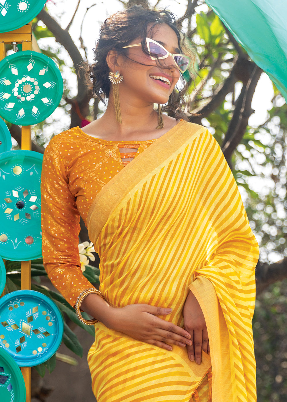 Buy MySilkLove Saffron Yellow Cotton Saree With Leheriya Print Online