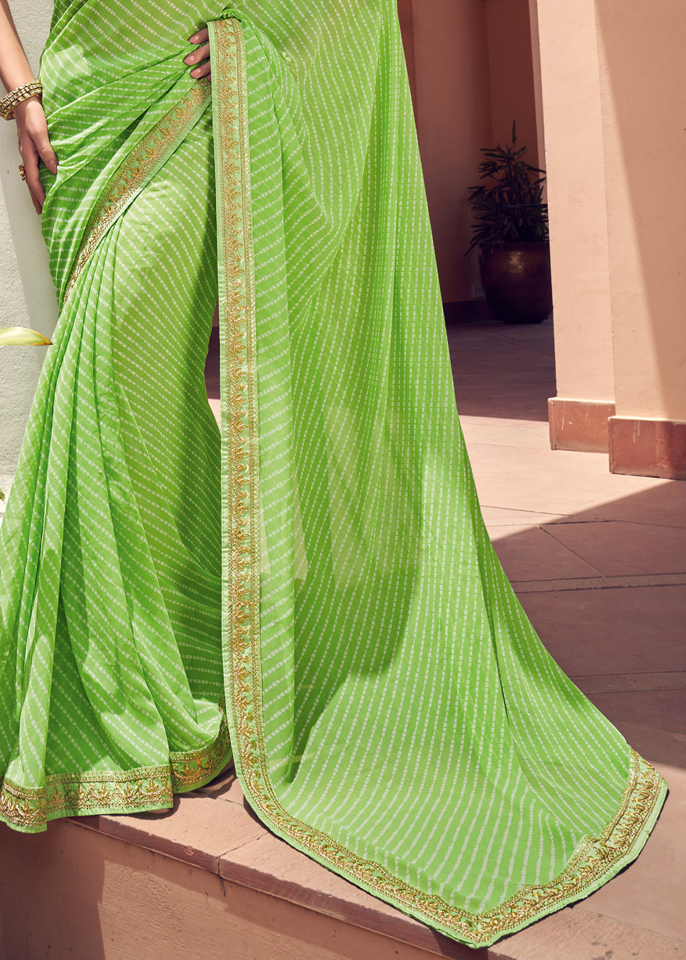 Buy MySilkLove Celery Green Lehriya Print Georgette Saree With Embroidered Blouse Online