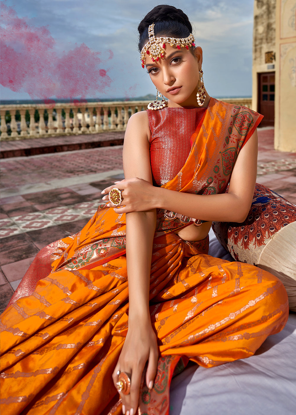 Buy MySilkLove Tan Hide Orange and Red Woven Soft Silk Saree Online