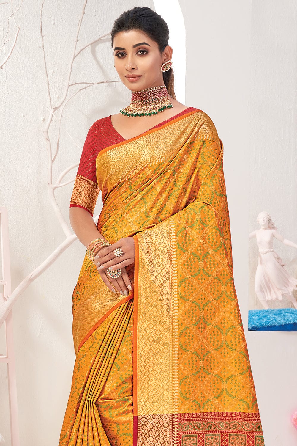 MySilkLove Mustard Yellow and Red Zari Woven Patola Saree