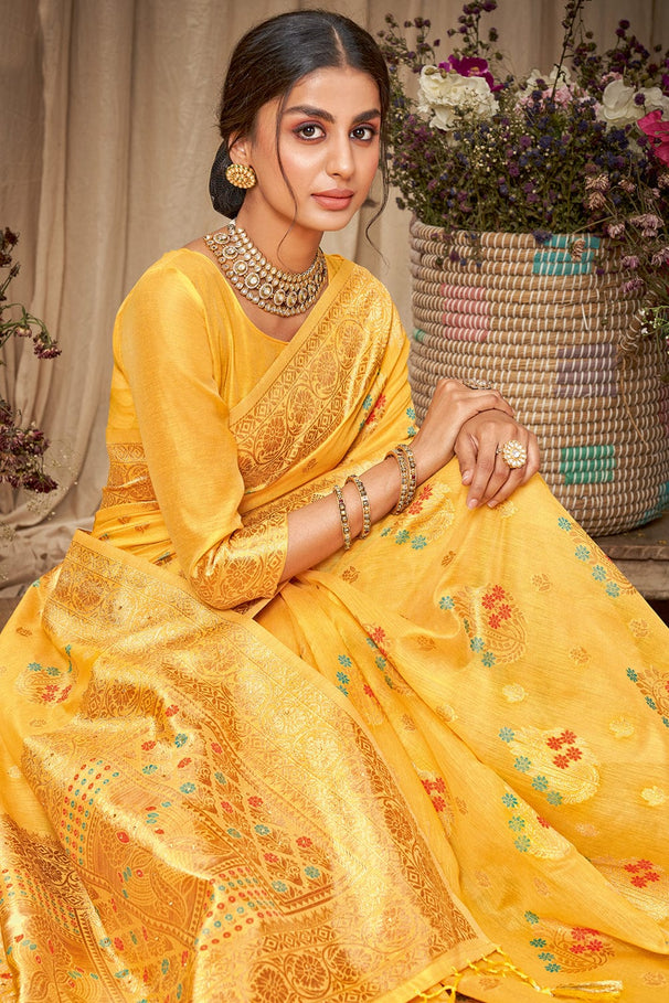 Buy MySilkLove Sunglow Yellow Cotton Saree Online