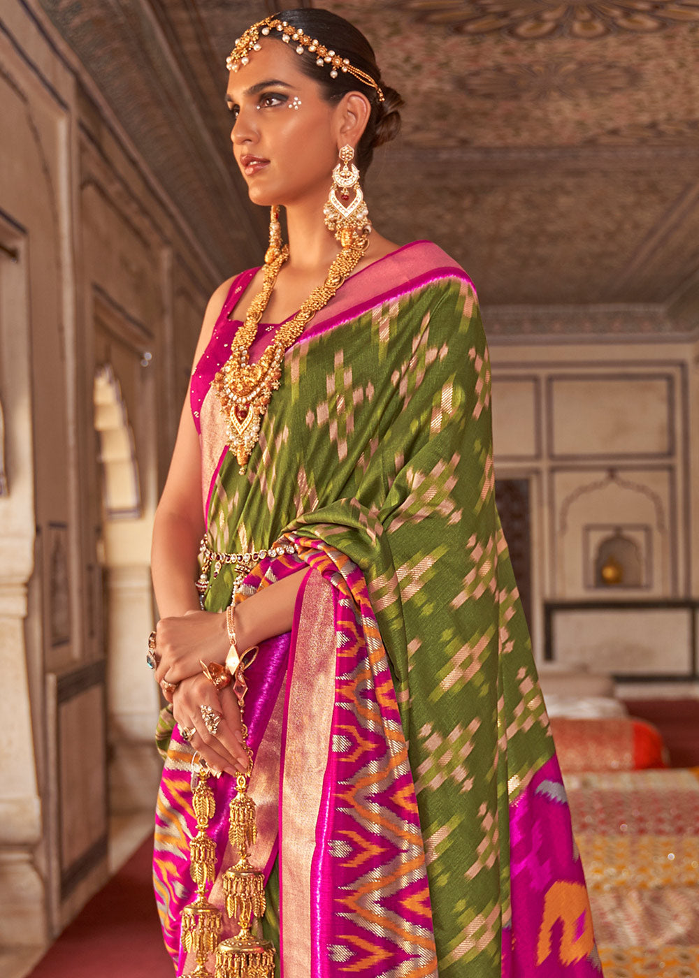 Buy MySilkLove Green Leaf and Pink Printed Patola Silk Saree Online