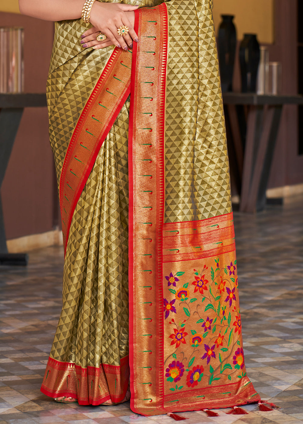 Buy MySilkLove Wild Willow Green Woven Paithani Silk Saree Online