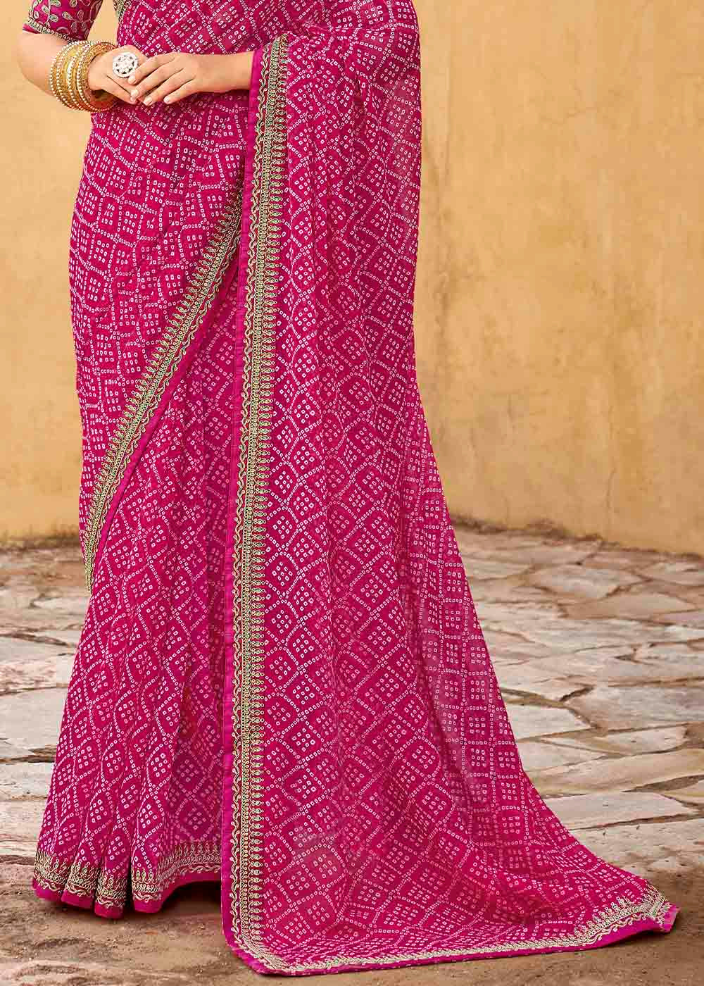 Buy MySilkLove Mystic Pink Georgette Leheriya Printed Saree with Embroidered Blouse Online