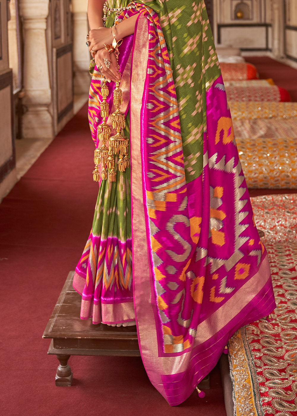 Buy MySilkLove Green Leaf and Pink Printed Patola Silk Saree Online