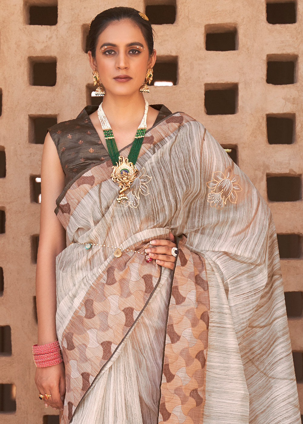 Buy MySilkLove Bone Brown Printed Kora Silk Saree Online