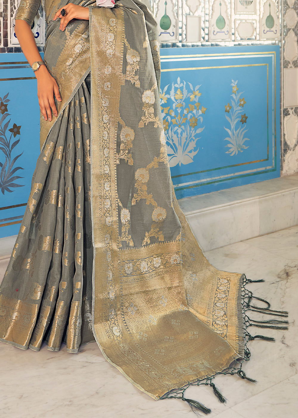 Buy MySilkLove Olive Haze Grey Zari Woven Linen Silk Saree Online