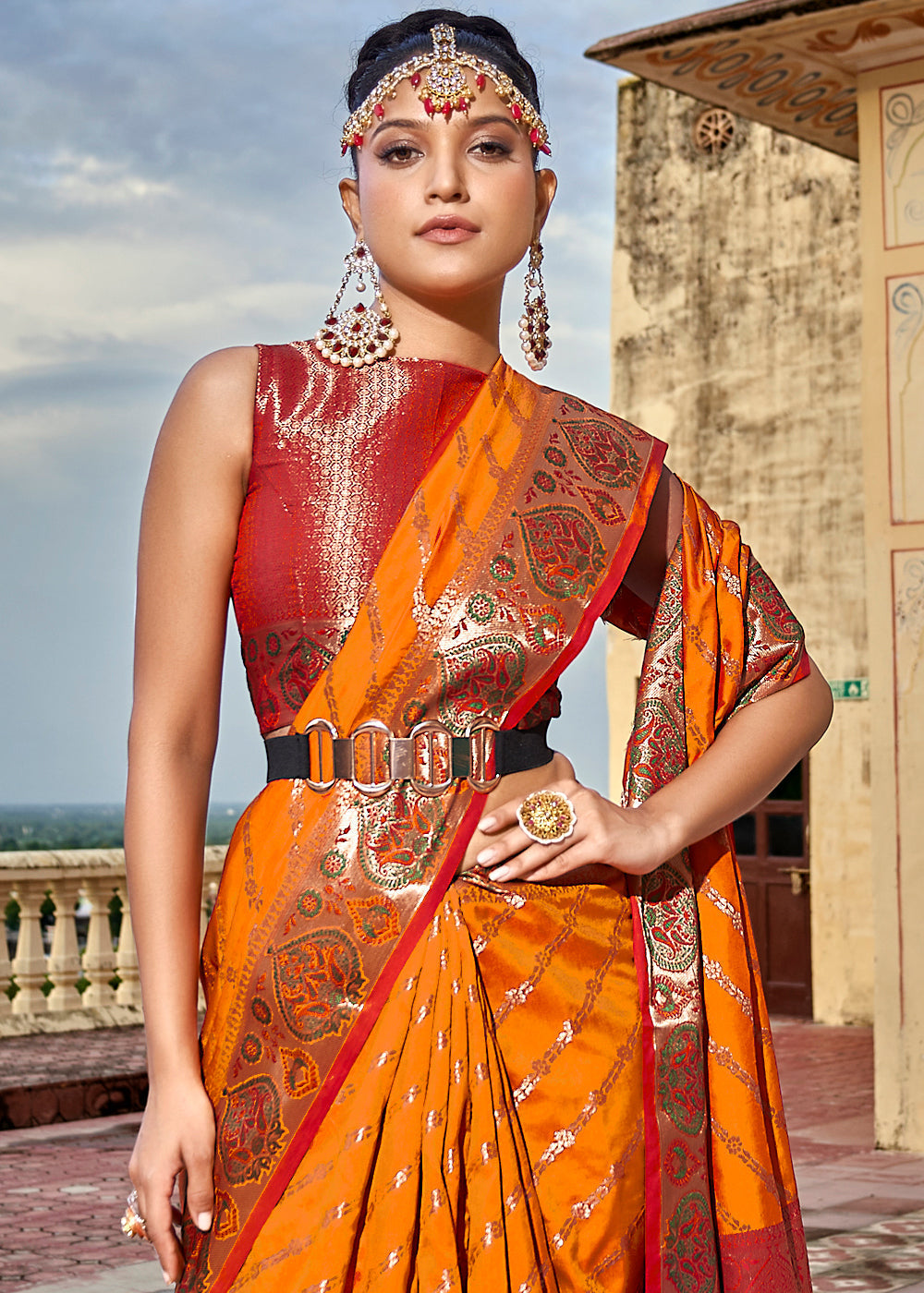 Buy MySilkLove Tan Hide Orange and Red Woven Soft Silk Saree Online