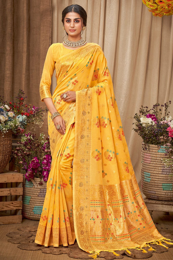 Buy MySilkLove Sunglow Yellow Cotton Saree Online