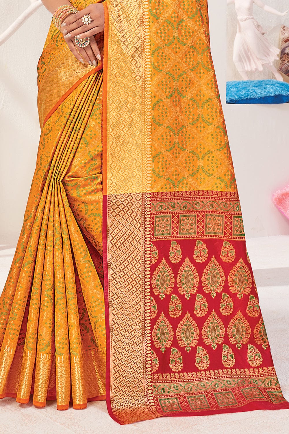 Buy MySilkLove Mustard Yellow and Red Zari Woven Patola Saree Online