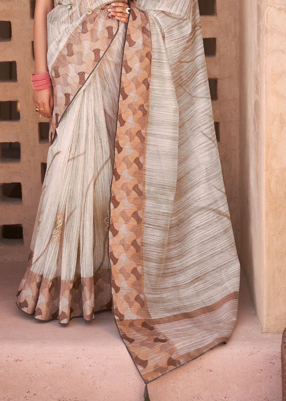 Buy MySilkLove Bone Brown Printed Kora Silk Saree Online