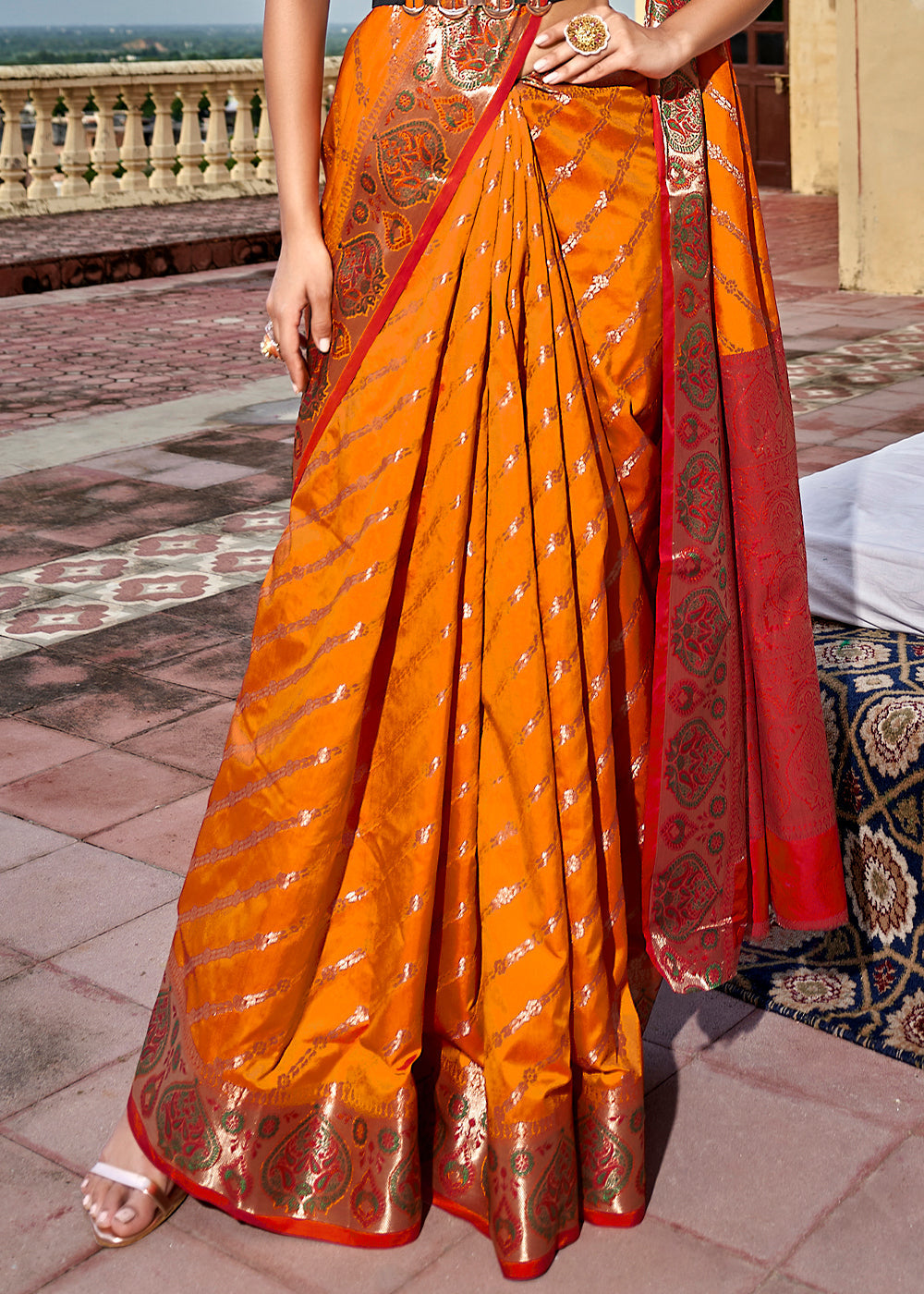 Buy MySilkLove Tan Hide Orange and Red Woven Soft Silk Saree Online